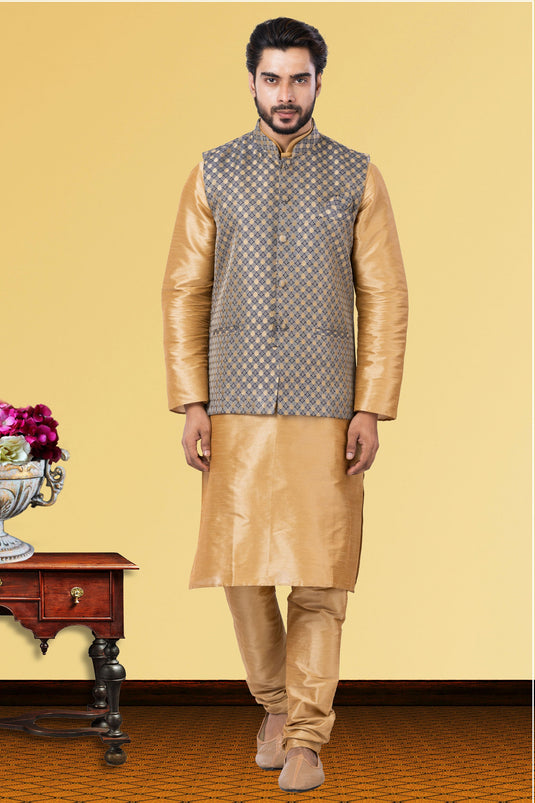 Dhupion Raw Silk Fabric Function Wear Readymade Cream Kurta Pyjama For Men With Jacket