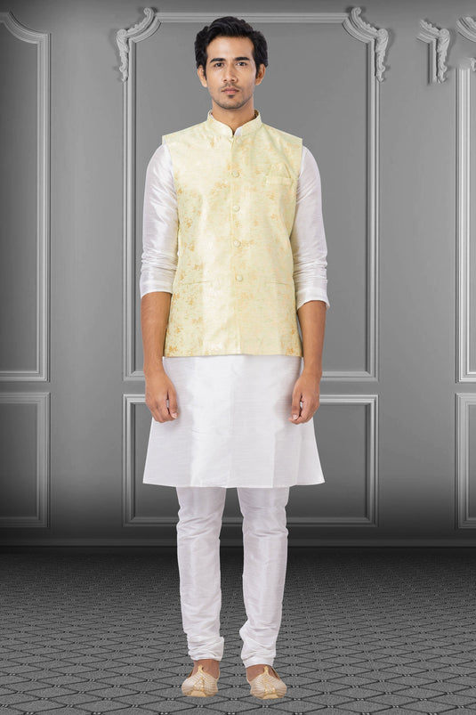 Reception Wear White Dhupion Raw Silk Fabric Attractive Readymade Kurta Pyjama For Men With Jacket