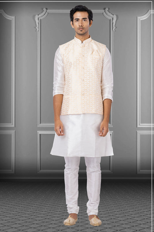 White Dhupion Raw Silk Fabric Function Wear Readymade Kurta Pyjama For Men With Modi Jacket Set