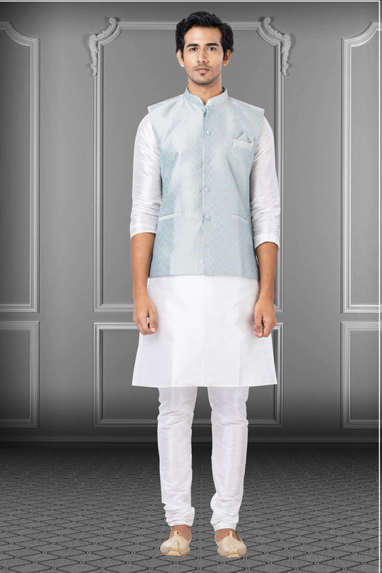 White Gorgeous Dhupion Raw Silk Fabric Reception Wear Readymade Kurta Pyjama For Men With Nehru Jacket