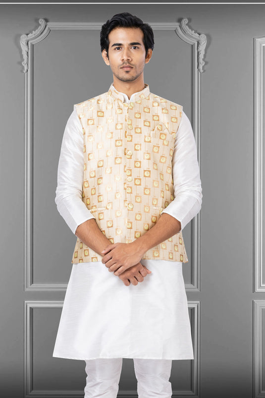 Cream Jacquard Silk Fabric Sangeet Wear Readymade Jacket For Men