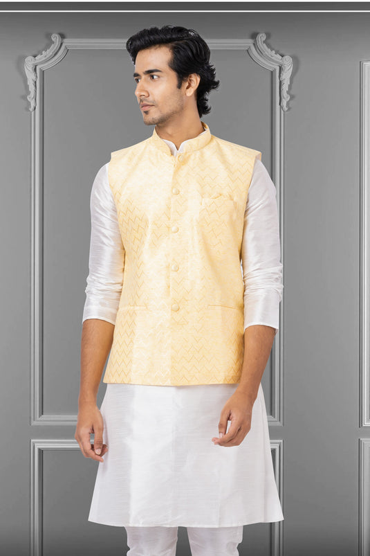 Cream Stunning Linen Silk Fabric Function Wear Readymade Jacket For Men