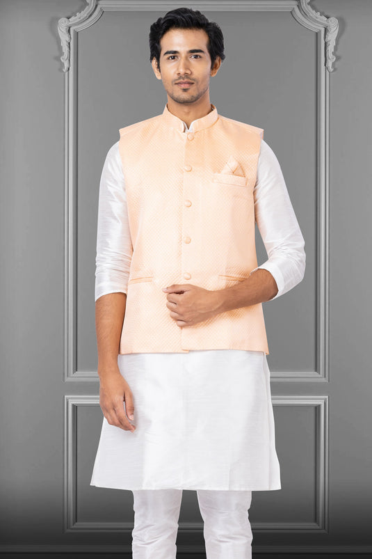 Peach Linen Silk Festive Wear Readymade Lovely Jacket For Men