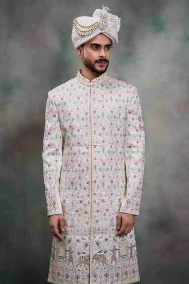 White Silk Fabric Readymade Groom Sherwani For Men