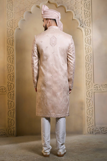 Pink Silk Embroidered Readymade Groom Sherwani For Men