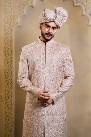 Pink Silk Embroidered Readymade Groom Sherwani For Men
