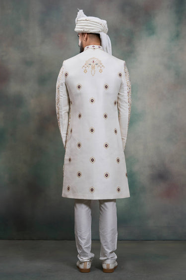 Gorgeous White Silk Fabric Readymade Grrom Sherwani For Men