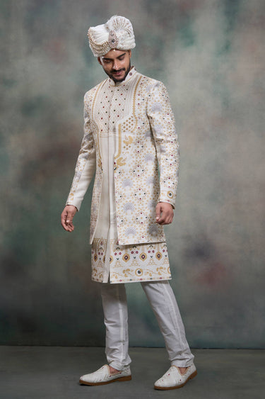 Gorgeous White Silk Fabric Readymade Grrom Sherwani For Men