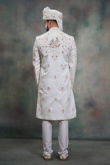Off White Silk Fabric Embroidered Men Readymade Groom Sherwani