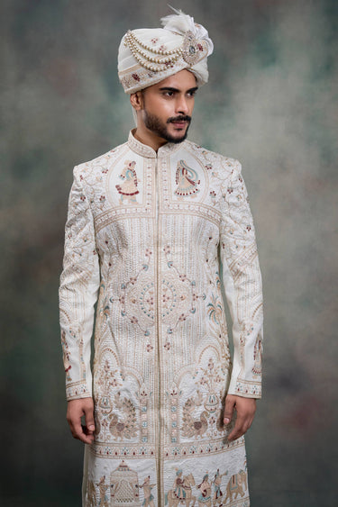 Off White Silk Fabric Embroidered Men Readymade Groom Sherwani