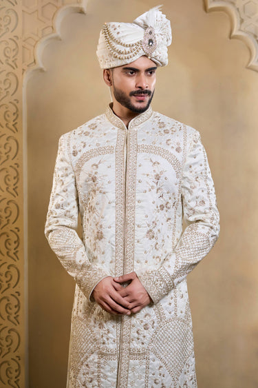 Embroidered Silk Off White Color Groom Sherwani For Men