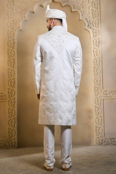 Silk Fabric Embroidered Work White Groom Sherwani For Men
