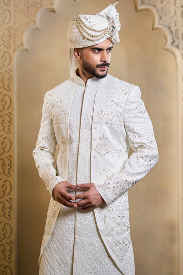 Silk Fabric Embroidered Work White Groom Sherwani For Men