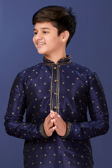 Navy Blue Art Silk Fabric Sangeet Function Wear Boys Designer Readymade Kurta Pyjama