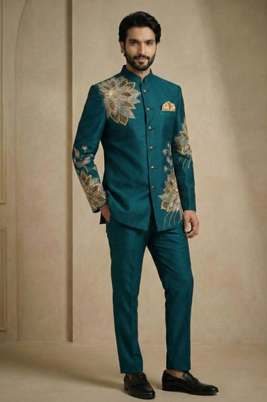 Embroidered Satin Silk Teal Sangeet Wear Readymade Jodhpuri Suit For Men