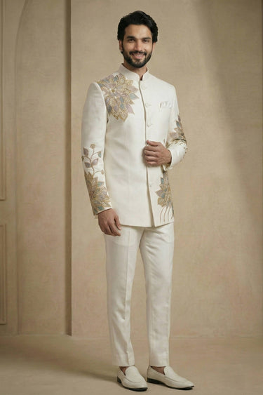 White Sangeet Wear Satin Silk Fabric Readymade Jodhpuri Suit For Men