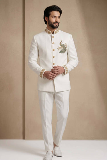 Mens Wedding Function Designer Readymade Indo Western Jopdupuri Suit In White Color