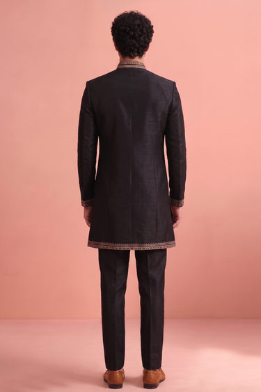 Satin Wedding Wear Black Trendy Readymade Indo Western Suit For Men