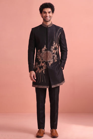 Satin Wedding Wear Black Trendy Readymade Indo Western Suit For Men