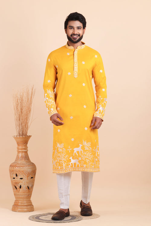 Yellow Viscose Silk Designer Embroidered Kurta Pajama