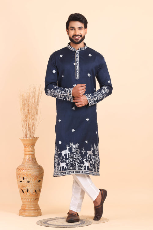 Navy Blue Viscose Silk Embroidered Festive Kurta Pyjama