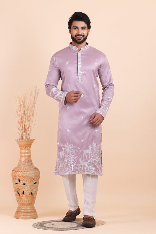 Men Viscose Silk Lavender Embroidered Kurta Pyjama