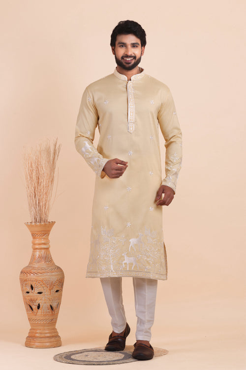 Beige Viscose Silk Wedding Function Embroidered Kurta Set