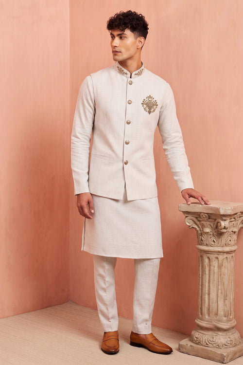 Premium Linen Off White Zardosi Work Men Kurta Pyjama With Fancy Jacket
