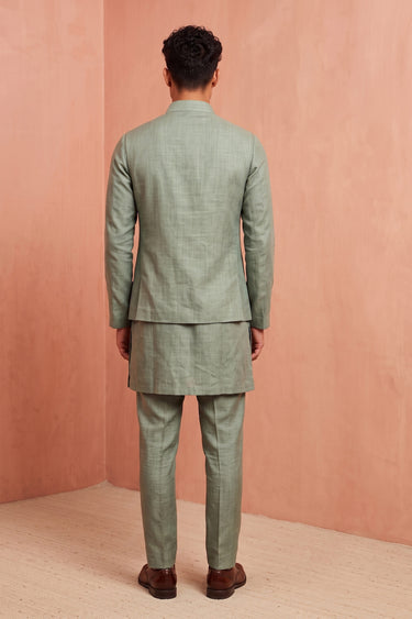 Designer Zardosi Work Linen Sea Green Men Kurta Pyjama With Stylish Jacket