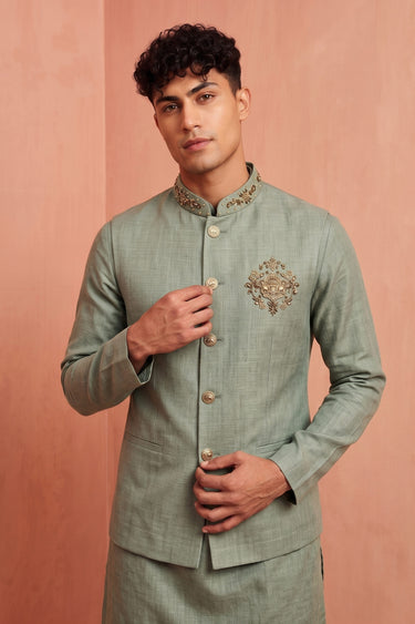 Designer Zardosi Work Linen Sea Green Men Kurta Pyjama With Stylish Jacket