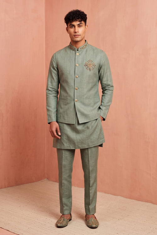 Designer Zardosi Work Linen Sea Green Men Kurta Pyjama With Stylish Jacket