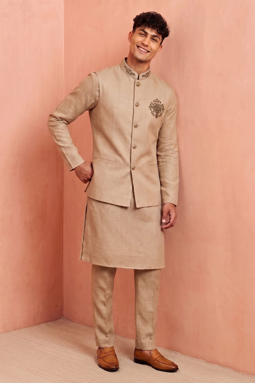 Designer Linen Cream Zardosi Work Men Kurta Pyjama With Fancy Jacket