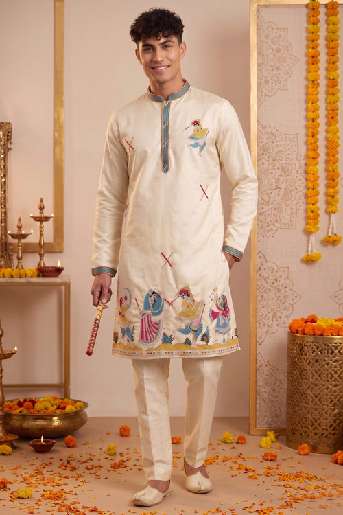 Mens Designer Beige Kurta With Multicolor Embroidered Border