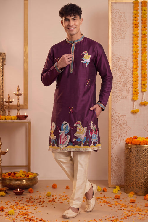 Elegant Purple Embroidered Kurta Pajama For Men