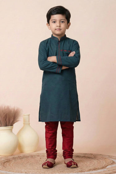 Cotton Fabric Teal Festive Wear Boys Readymade Kurta Pyjama