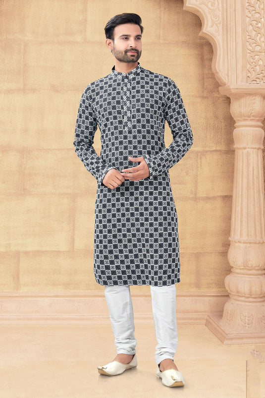 Black Classic Long Kurta Pyjama Set For Men