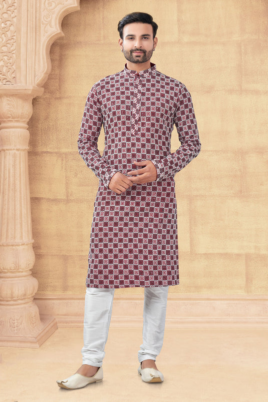 Elegance Embellished Maroon Long Kurta Pyjama For Men