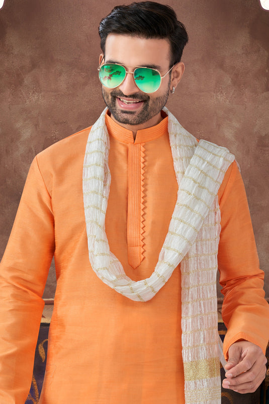 Art Silk Orange Long Kurta Pyjama Set