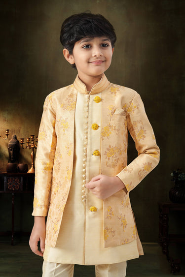 Cream Festive Wear Jacquard Fabric Readymade Indo Western For Boys