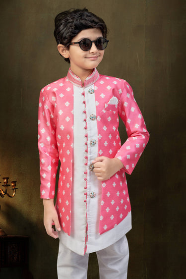 Off White Festive Wear Art Silk Readymade Indo Western For Boys
