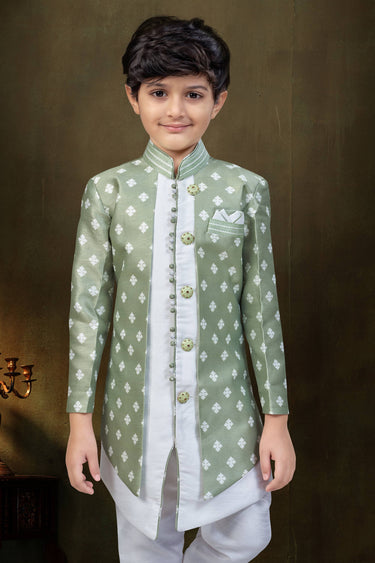 Art Silk Off White Boys Readymade Indo Western For Festive Wear