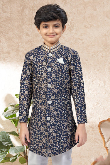 Art Silk Fabric Navy Blue Boys Readymade Indo Western For Festive Wear