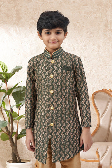 Dark Green Festive Wear Jacquard Fabric Readymade Indo Western For Boys