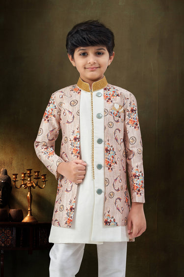 Jacquard Fabric Off White Boys Readymade Indo Western For Festive Wear