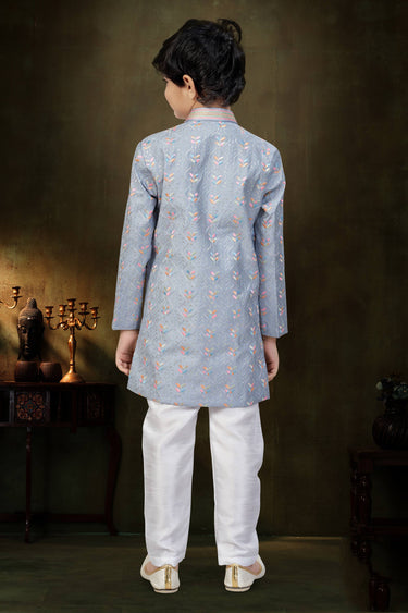 Grey Festive Wear Jacquard Fabric Readymade Indo Western For Boys