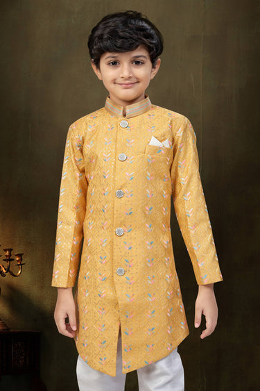 Jacquard Fabric Festive Wear Mustard Readymade Indo Western For Boys