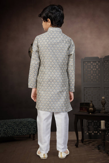 Grey Sangeet Wear Jacquard Fabric Boys Readymade Kurta Pyjama For Sangeet Wear