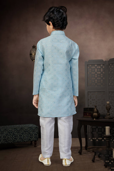 Jacquard Fabric Cyan Sangeet Wear Readymade Kurta Pyjama For Boys
