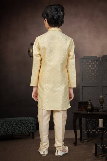 Jacquard Fabric Beige Boys Readymade Kurta Pyjama For Sangeet Wear