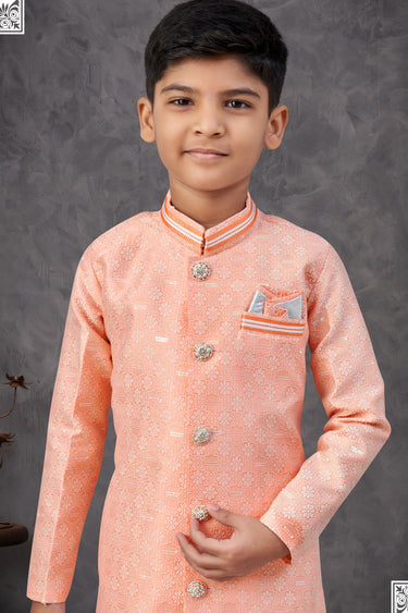 Traditional Wear Readymade Indo Western For Boys In Peach Color